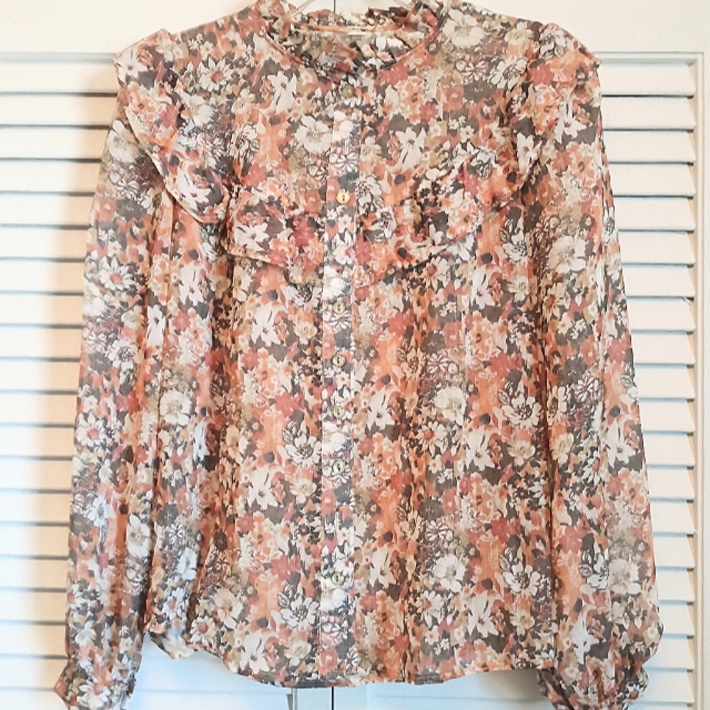 ⭐Shein Floral Boho Ruffle Peasant Earthtone Blouse (M)⭐